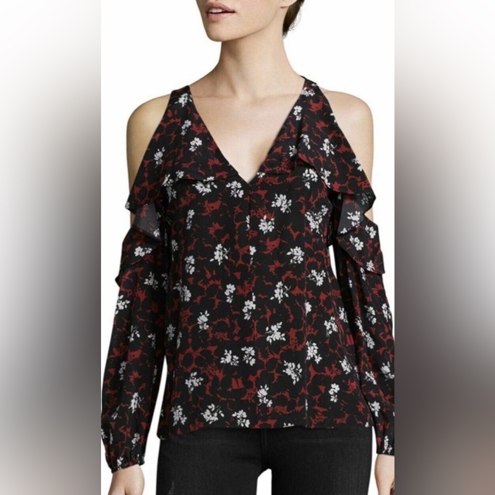 KOBI HALPERIN Denny Ruffled Floral‎ Silk Cold Shoulder Blouse Size Medium